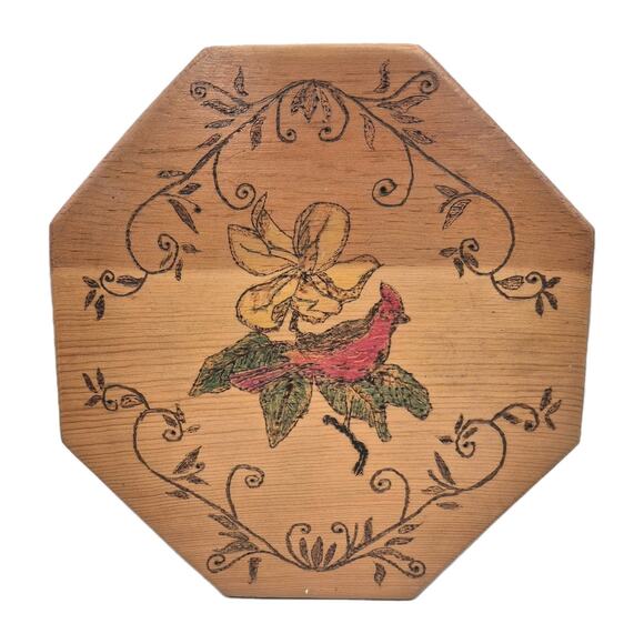Vintage Pyrography Octagonal Wood Trivet Cardinal Flower Scrollwork 11" - Picture 1 of 5